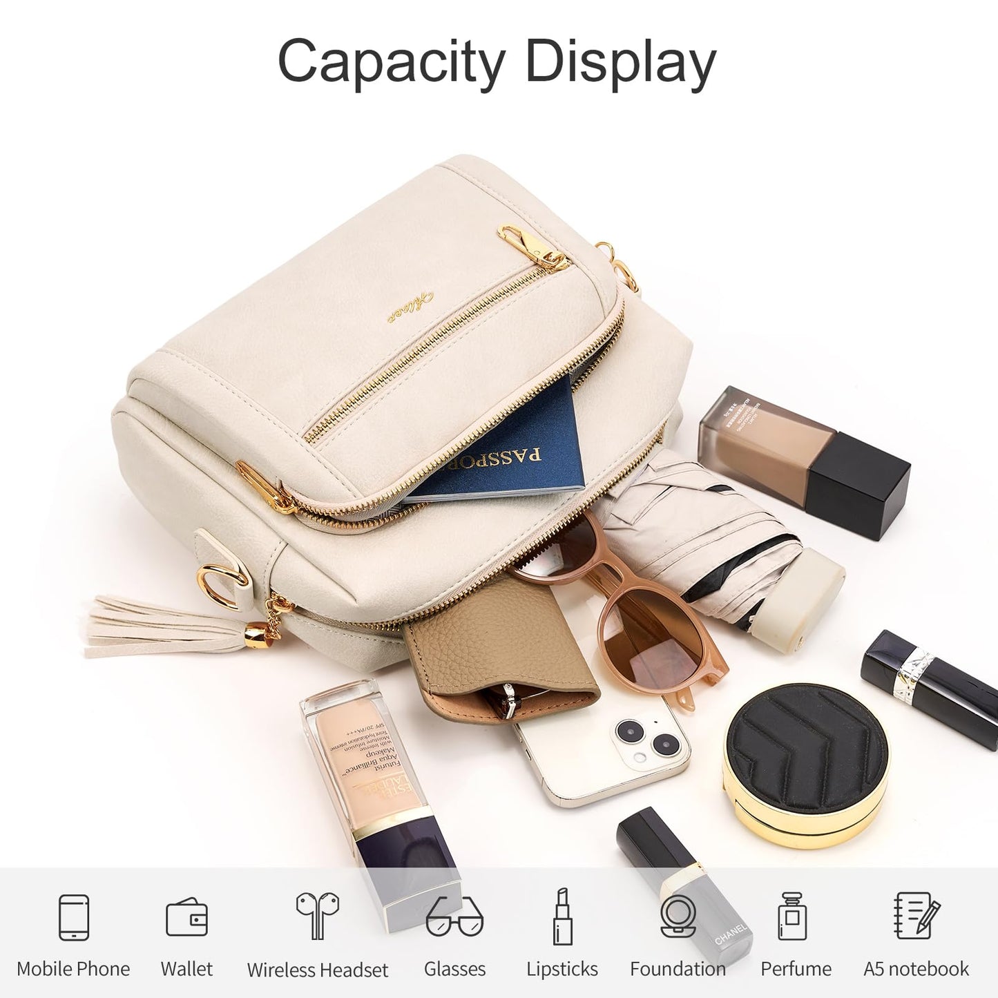 HILAEX Small Leather Crossbody Bags for Women Anti theft Purses and Handbag Shoulder Hangbag with Wide Strap Tassel Beige