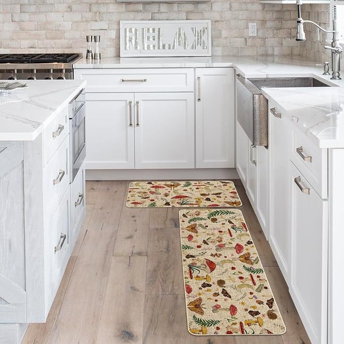 Artoid Mode Mushrooms Butterfly Spring Kitchen Mats Set of 2, Home Decor Low-Profile Kitchen Rugs for Floor - 17x29 and 17x47 Inch
