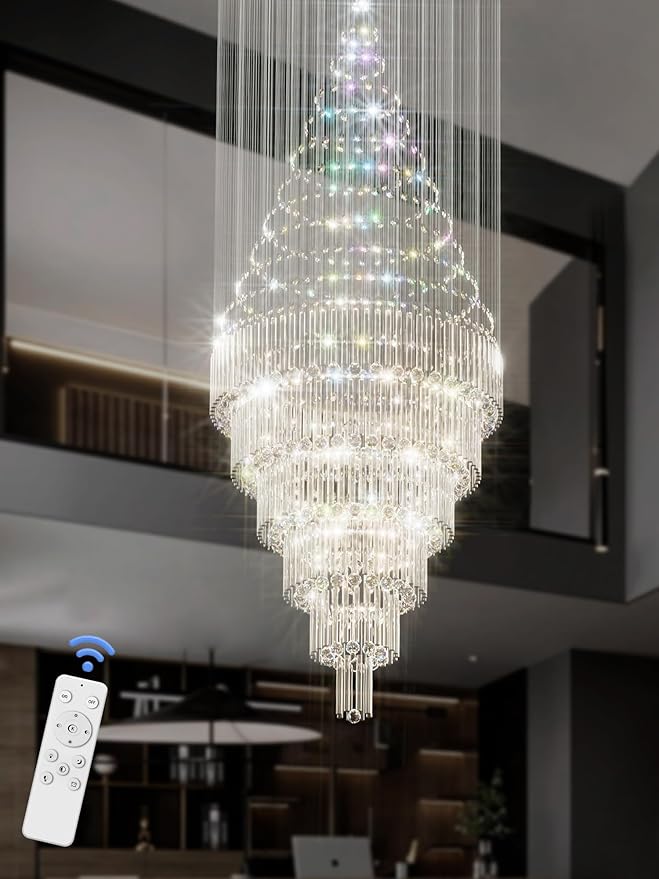 Flashing God D48''X H120'' Extra Large Chandelier for High Ceilings Crystal Raindrop Chandeliers Large Chandelier for Villa Entrance Foyer LED Dimmable Black Large Light Fixture