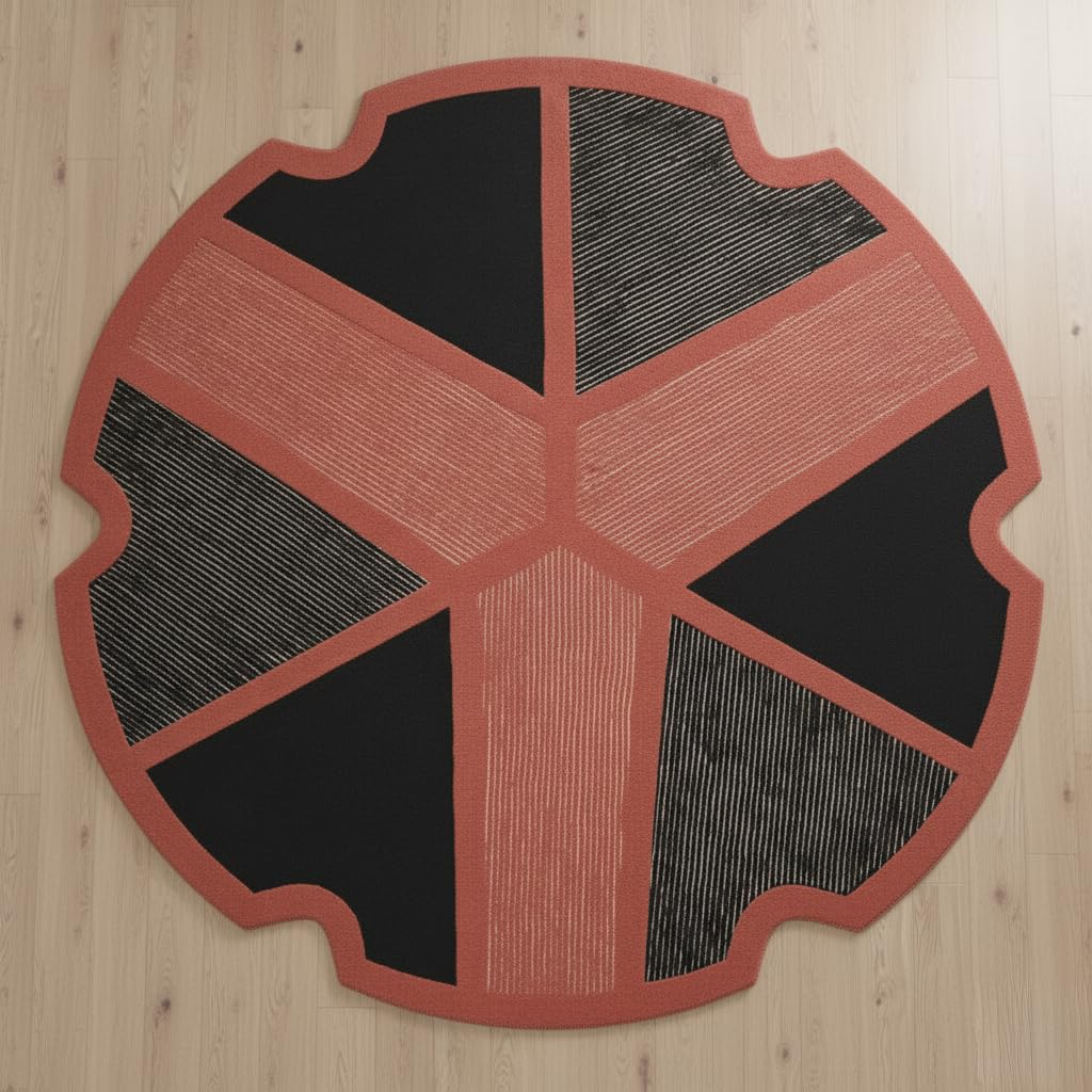 Restoration and Renovation Unique Cutout Circular Wool Area Rug | Modern Irregular Round Shape Inspired by Historic Machinery Movements | Thick, Soft Perfect for Living Room & Bedroom (A/S, 5' Round)