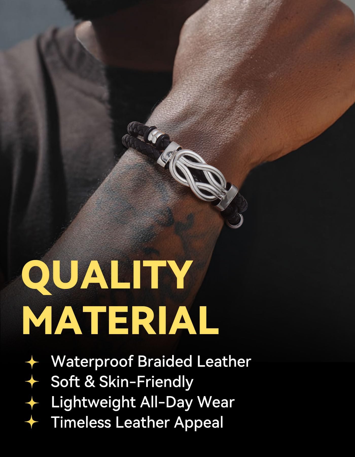 ChainsHouse Mens Leather Bracelet Idea Gift for Man Square Infinity Love Knot Braided Beaded Leather Cuff Bracelet 8.3 Inches Birthday Gifts for Men