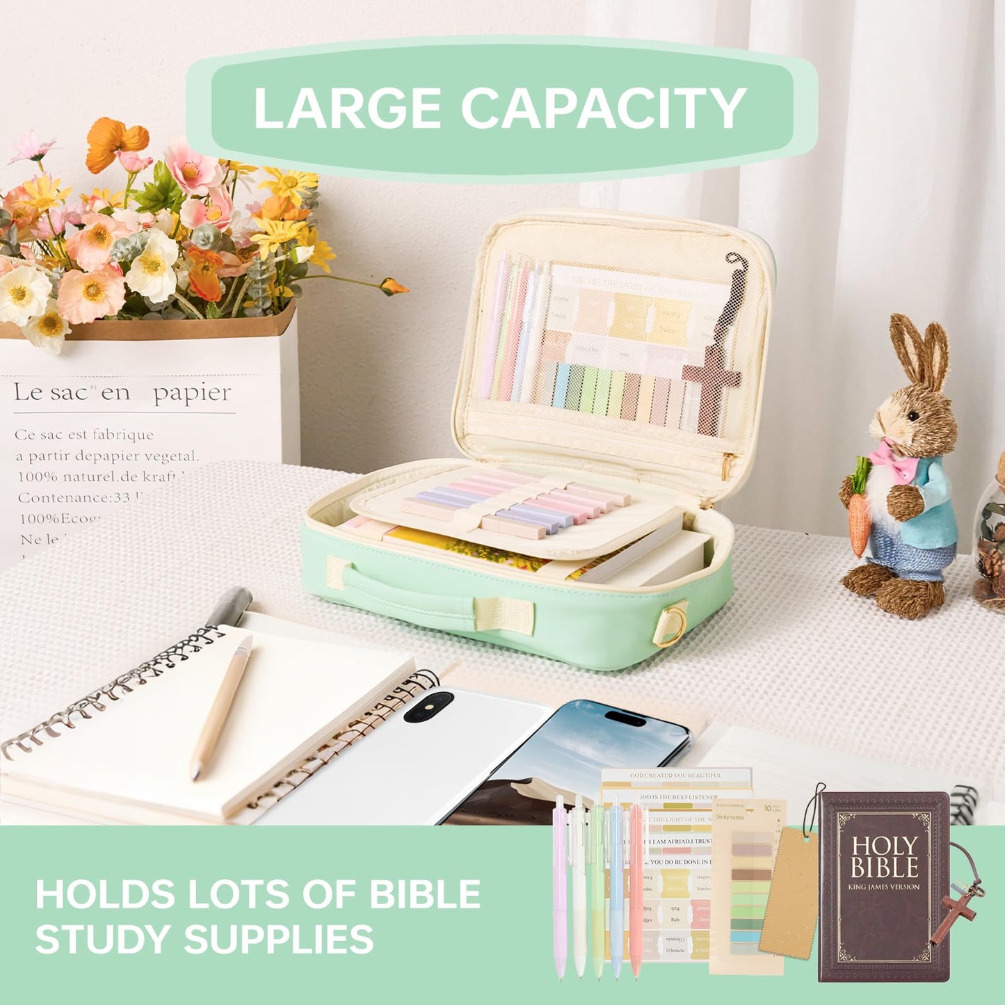 Siwara Bible Cover Case for Women - Large Bible Bag with Bible Study Supplies - Leather Western Bible Cover Carrying Tote Bags - Green