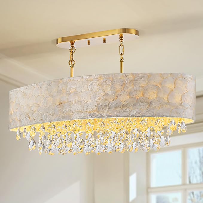 6-Lights Oval Capiz Shell Crystal Linear Chandeliers, Coastal Design Light Fixture for Dining Room, Kitchen Island, L32xW12xH19~65 Inch(Adjustable), Shell Lampshade & Brass Finish