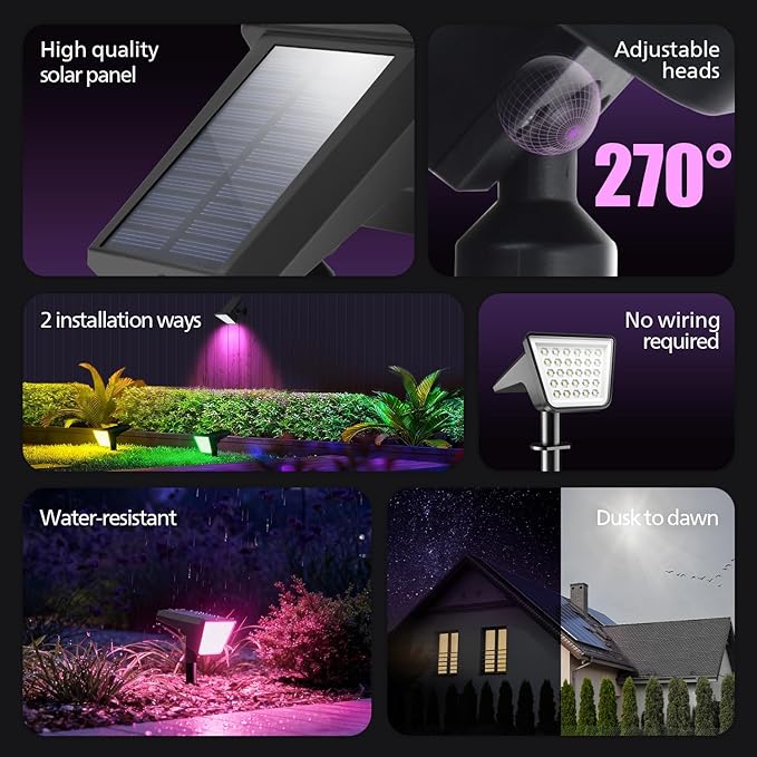 Philips 6 Packs Solar RGBW Spot Lights Outdoor, 18 LED Solar Powered Landscape Lights, 9 Lighting Modes Color-Changing Dusk to Dawn Waterproof Pathway Spotlights for Garden Trees Halloween Christmas