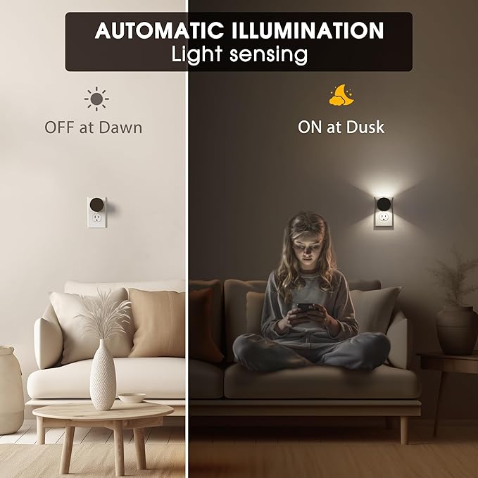 Night Lights Plug into Wall [2 Pack], Dusk to Dawn Sensor Nightlight, Brightness Adjustable, 5000K Daylight White, Dimmable Plug in Night Light for Bedroom, Hallway, Stairs, Kitchen