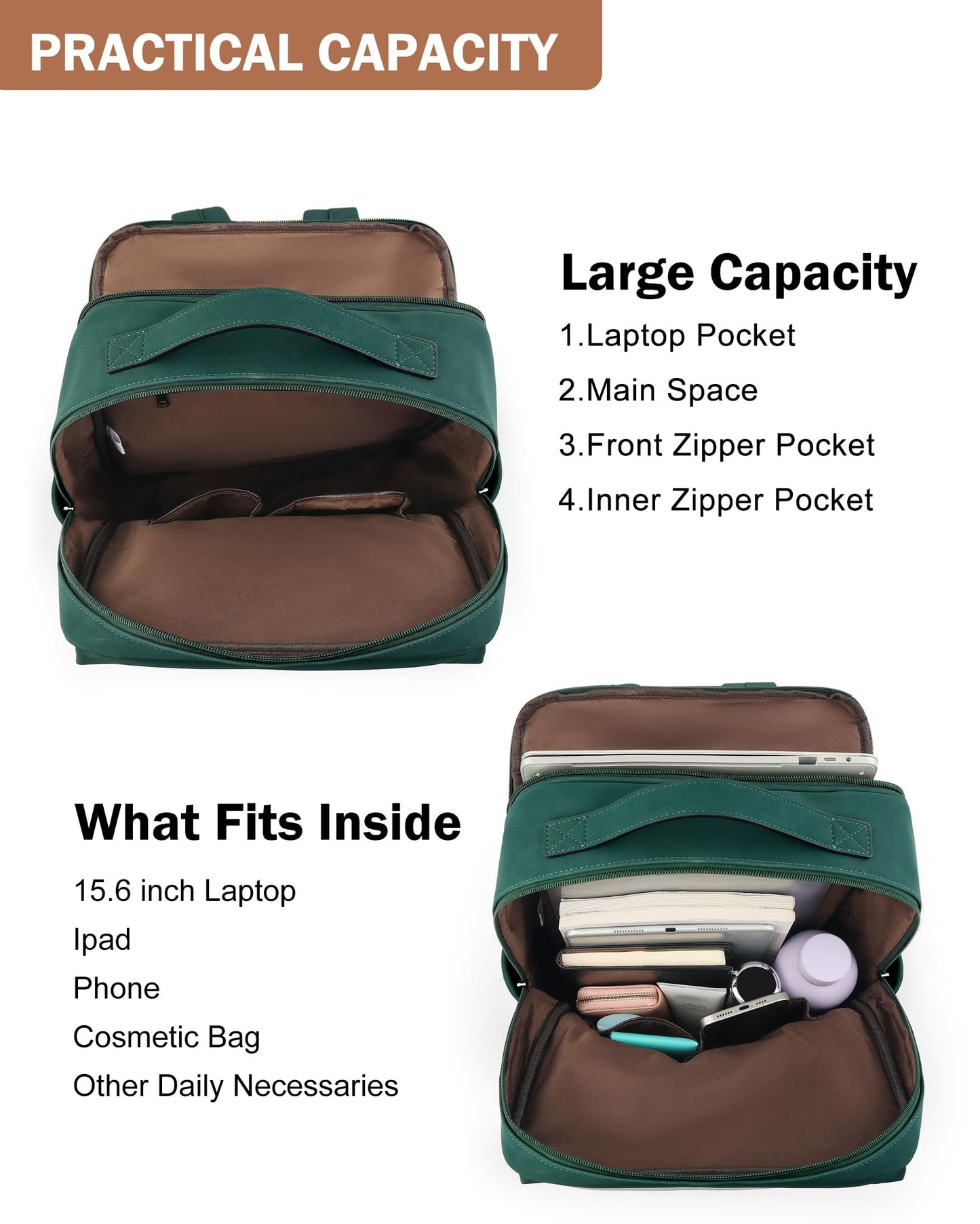 MASINTOR 15.6 inch PU Leather Laptop Backpack Purse for Women, Large College Casual Backpack Travel Bag Retro Green