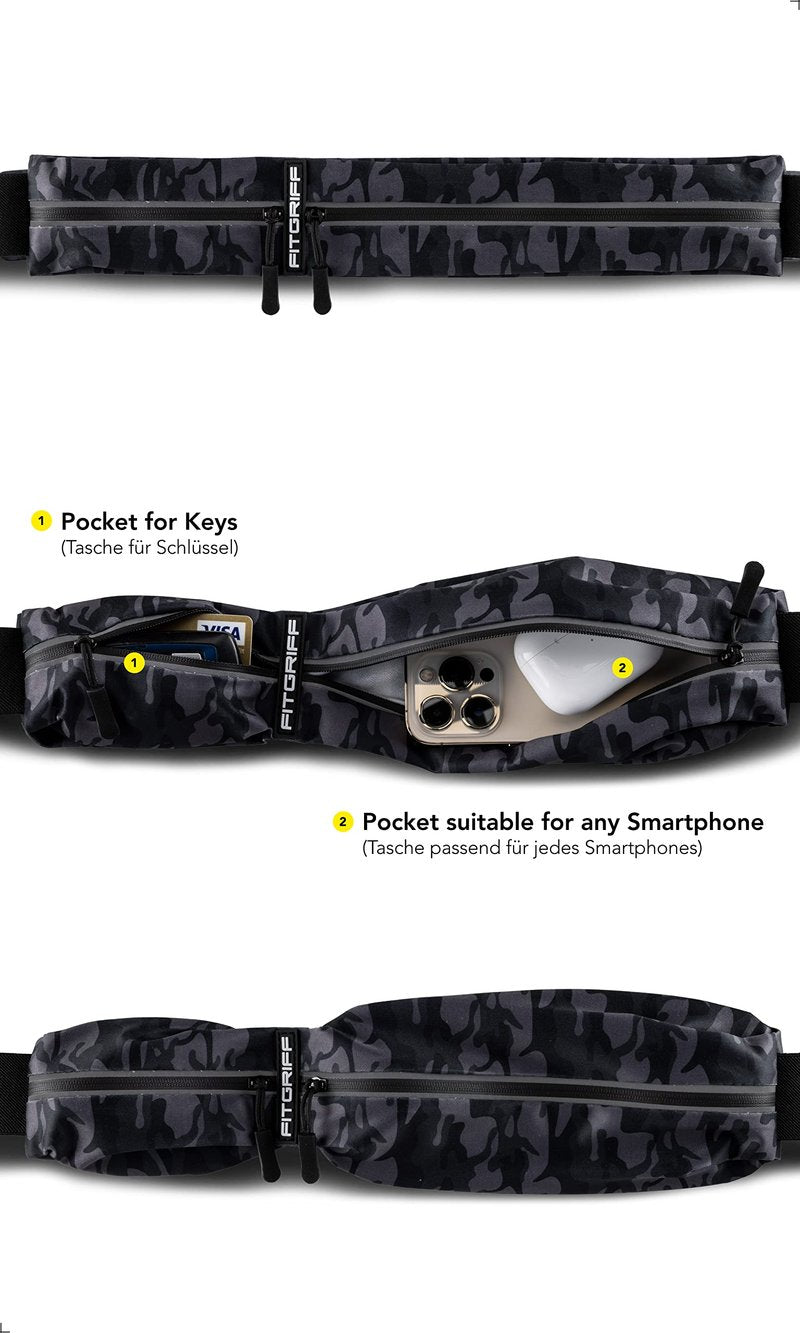 Fitgriff® Running Belt for Men & Women - Secure Jogging Pouch for Phone, Keys & Essentials - For All Cell Phones (Camo-Black, 24.5" - 35.5" Waist Size)
