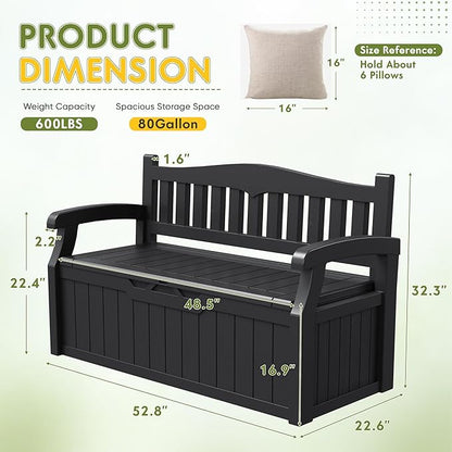 Greesum 80 Gallon Storage Bench Outdoor Deck Box with Armrest, Patio Furniture, Lockable, Waterproof and UV Resistant, Suitable for Garden, Poolside, Dark Black