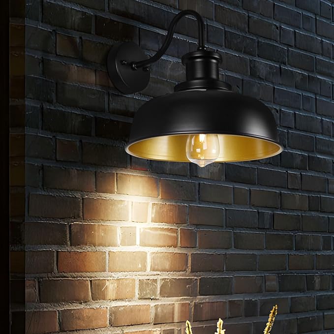 Solar Barn Light for Outside, Gooseneck Outdoor Wall Lights Solar Powered, Farmhouse Exterior Wall Sconce, Industrial Outside Lighting Fixture, Rustic Lantern for Garage, Barn, Shed,RZSR007-2 BK