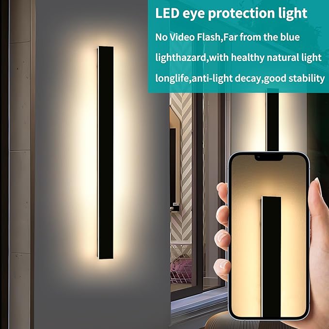 Mikeru 3CCT Dimmable Outdoor Wall Sconce 57" IP65 Waterproof - 2Pack Modern Black Exterior Light with Remote Control, Adjustable 3000K/4500K/6000K for Porch, Patio & Commercial Spaces | Hardwired