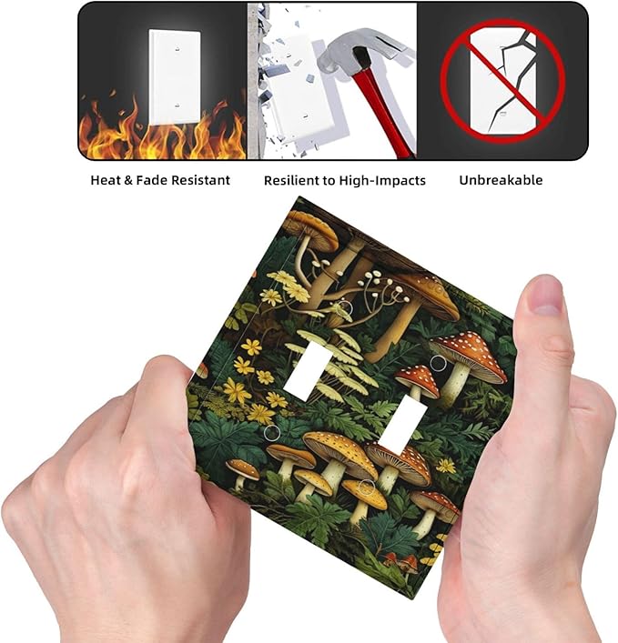Mushrooms Forest Nature Botanical Art Light Switch Covers Double Toggle 2 Gang Wall Plate Dual Decorative Switchplate Electrical Faceplate for Farmhouse Living Room Decor