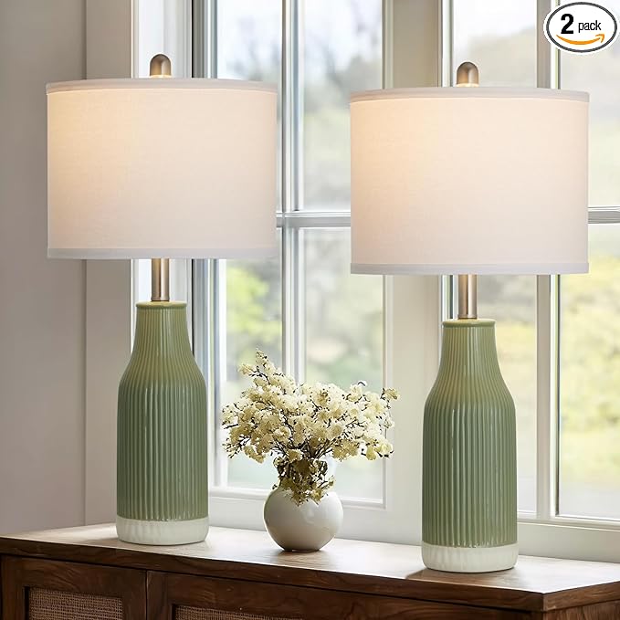 24.5" Ceramic Table Lamps Set of 2, Modern Farmhouse Bedside Lamps for Bedroom Nightstand, Small Light Green Lamp for Living Room End Table (2 LED Bulbs Included)