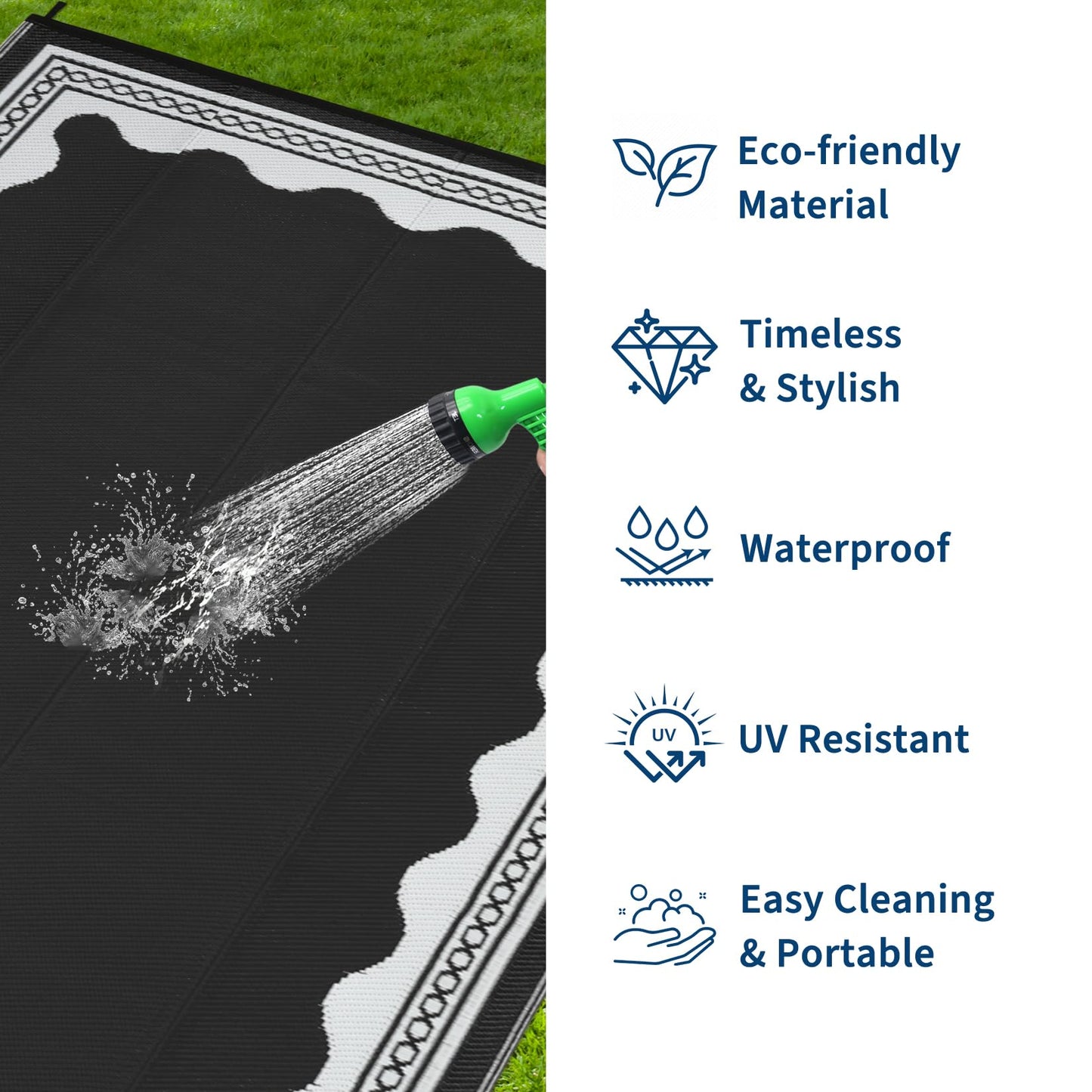 GarveeHome Outdoor Rug 8x10 Patio Waterproof, Reversible Plastic Straw Rugs for Camping, Picnic, Balcony, Porch, RV, Easy-Clean & Quick Dry Scalloped Pattern Large Indoor Outdoor Carpet, Black