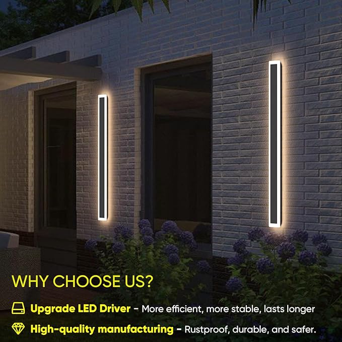 2-Pack 39.4inch LED Outdoor Wall Lights, Modern Exterior Wall Lights LED Long Wall Sconce Light Fixture, IP65 Waterproof Black Outside Lights for House Garage Front Door (3000k)