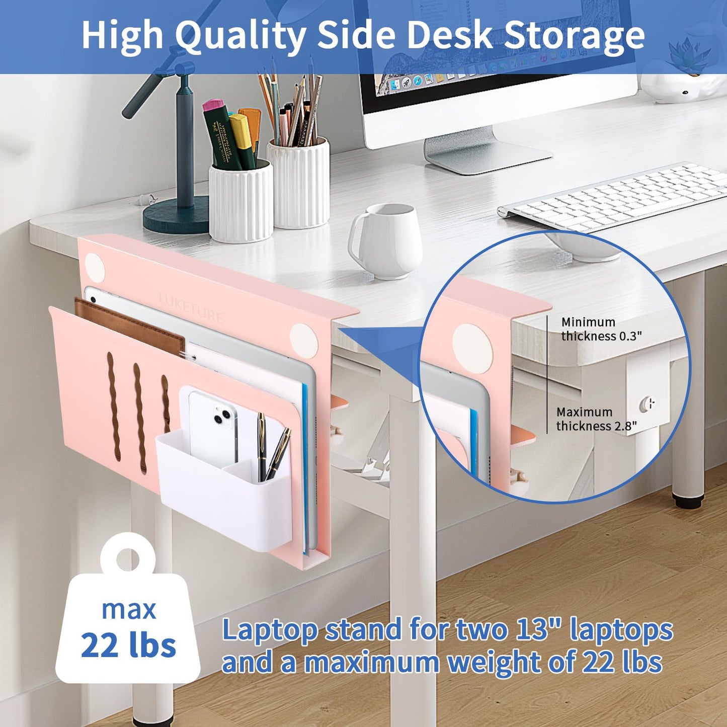 LUKETURE Desk Side Storage, Steel Side Desk Organizer, No Drill Workspace Organizers, Clamp on Computer Desk Accessories, with Magnetic Pen Holder, Fits Flat Edge Tables 0.3" to 2.8"