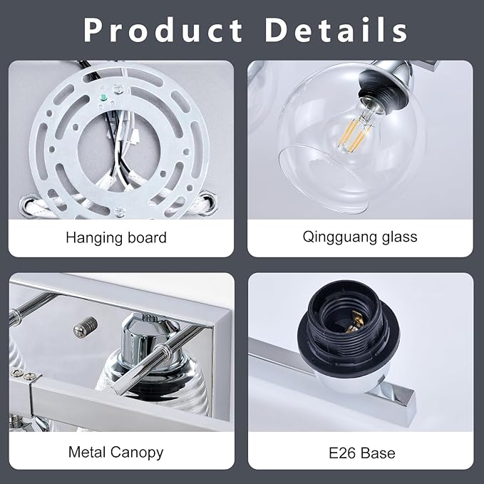 5-Light Bathroom Light Fixtures, Silver Vanity Light with Ultra-Clear Hand-Blown Glass, Durable & Elegant, Wall Lamp for Mirror, Bedroom, Kitchen