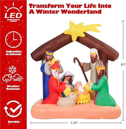 Vigdur Christmas Nativity Scene Outdoor, 6FT Christmas Inflatables Nativity Sets with LED Lights, Blow Up Yard Decorations for Yard Garden Lawn Winter Holiday Supplies Décor