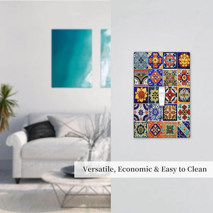 Traditional Colorful Talavera Mexican Spanish Moroccan Tiles Single Toggle Light Switch Plates Cover Decorative 1 Gang Wall Plate Electrica Faceplate for Bathroom Bedroom Decorate Accessories