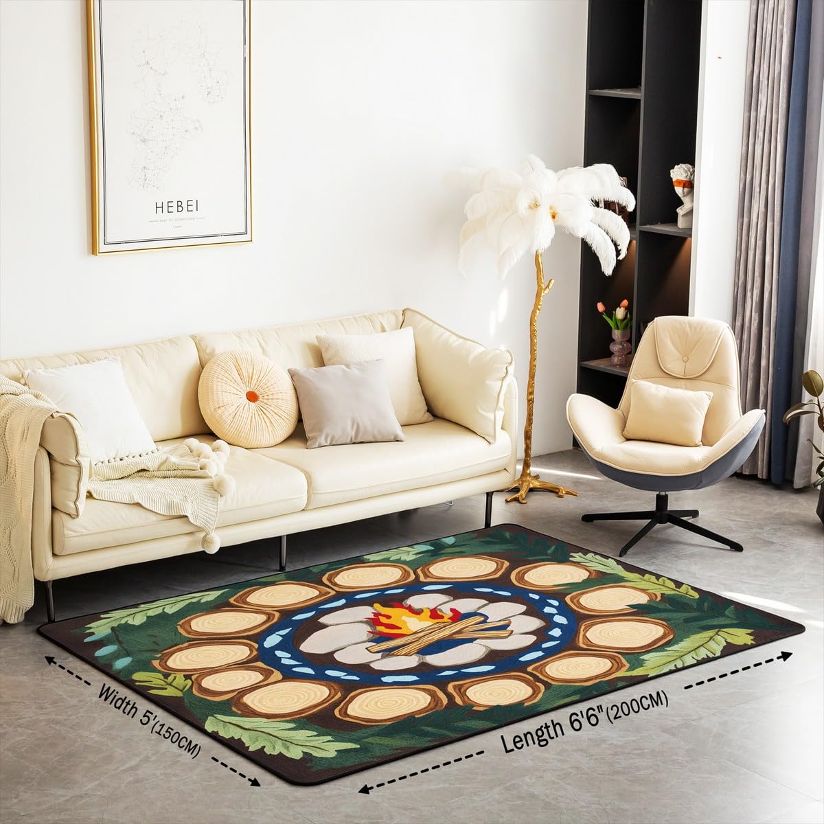 Feelyou Campfire Fun Living Room Rugs Tree Stump Area Rug 5x7 for Kids Boys Girls Woodland Tree Themed Decorative Carpet Campsite Summer Indoor Floor Mat Green Classroom Rug