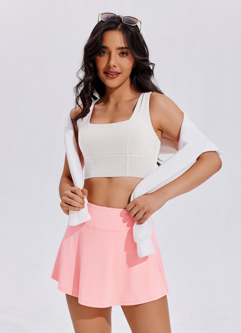 PINSPARK Tennis Skorts Women Pleated Athletic Skirts Tummy Control Cute Golf Outfits Running Skirt,Pink Small