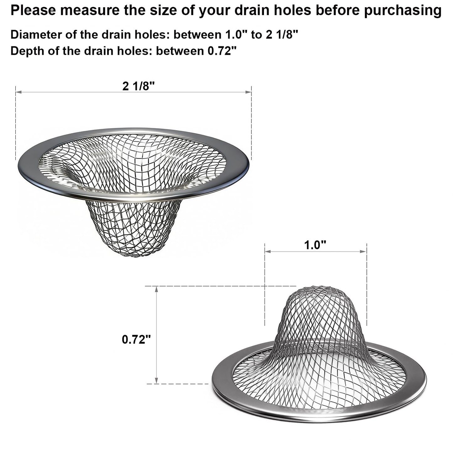 Huntonry 2.215" Top Diameter, 1.0" Basket Small Bathroom Sink Strainer, Little Drain Mesh, Utility, Slop, Laundry, RV and Lavatory Sink Drain Strainer Hair Catcher. Stainless Steel.