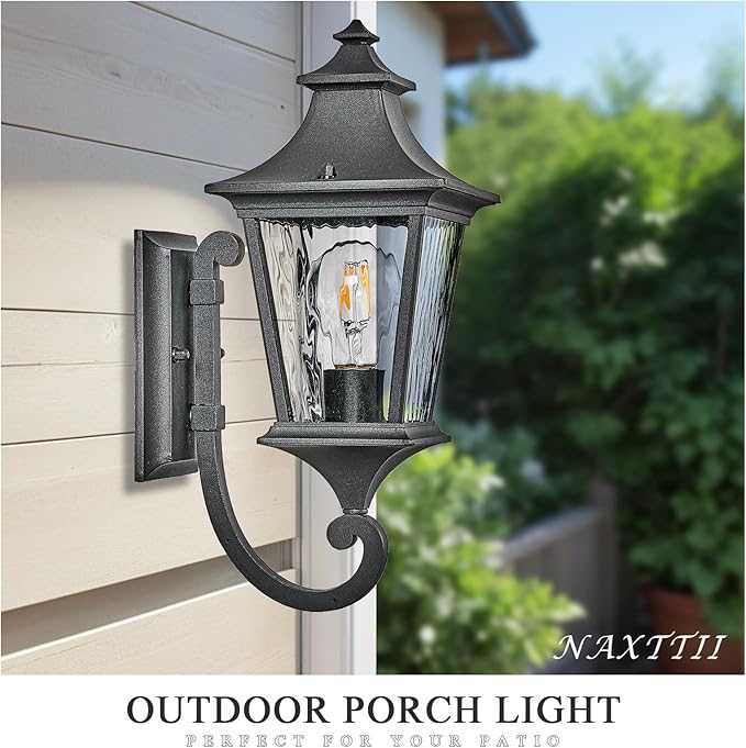 Modern 14.6 Inch Outdoor Wall Sconce Light with Water Ripple Glass in Black Finish, Aluminum Porch Light for Gardens, Garage, Yards and Entryway, E26 Socket