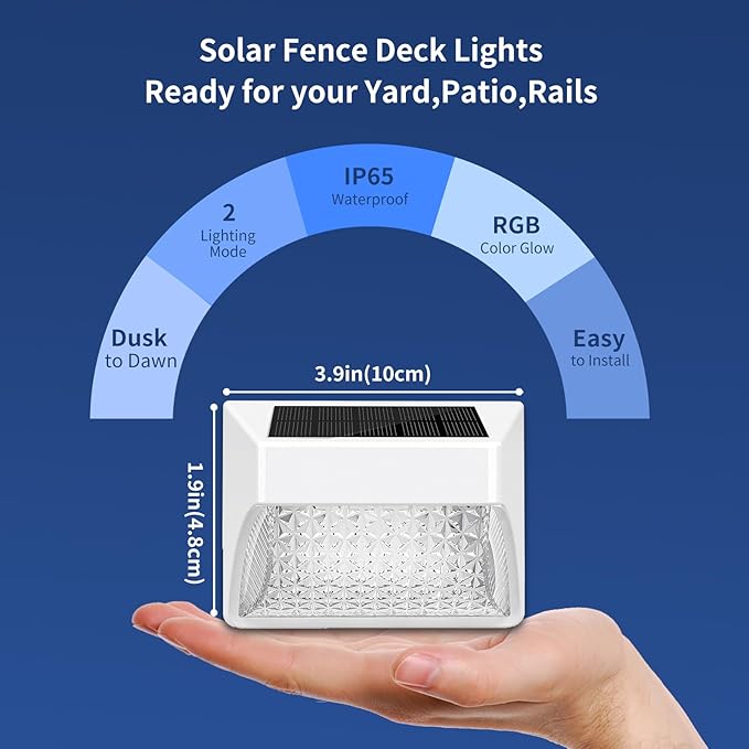 Solar Powered Fence Deck Lights Outdoor Waterproof Led IP65 RGB Color Changing/Warm White Auto On/Off Solar Step Lights for Outside Stair Garden Yard Wall Patio (2 Pack, White)