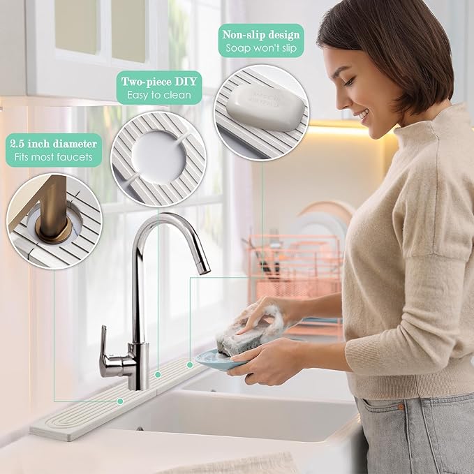 Stone Faucet Mat for Kitchen Sink, Diatomite Drying Stone Tray & Sink Protector