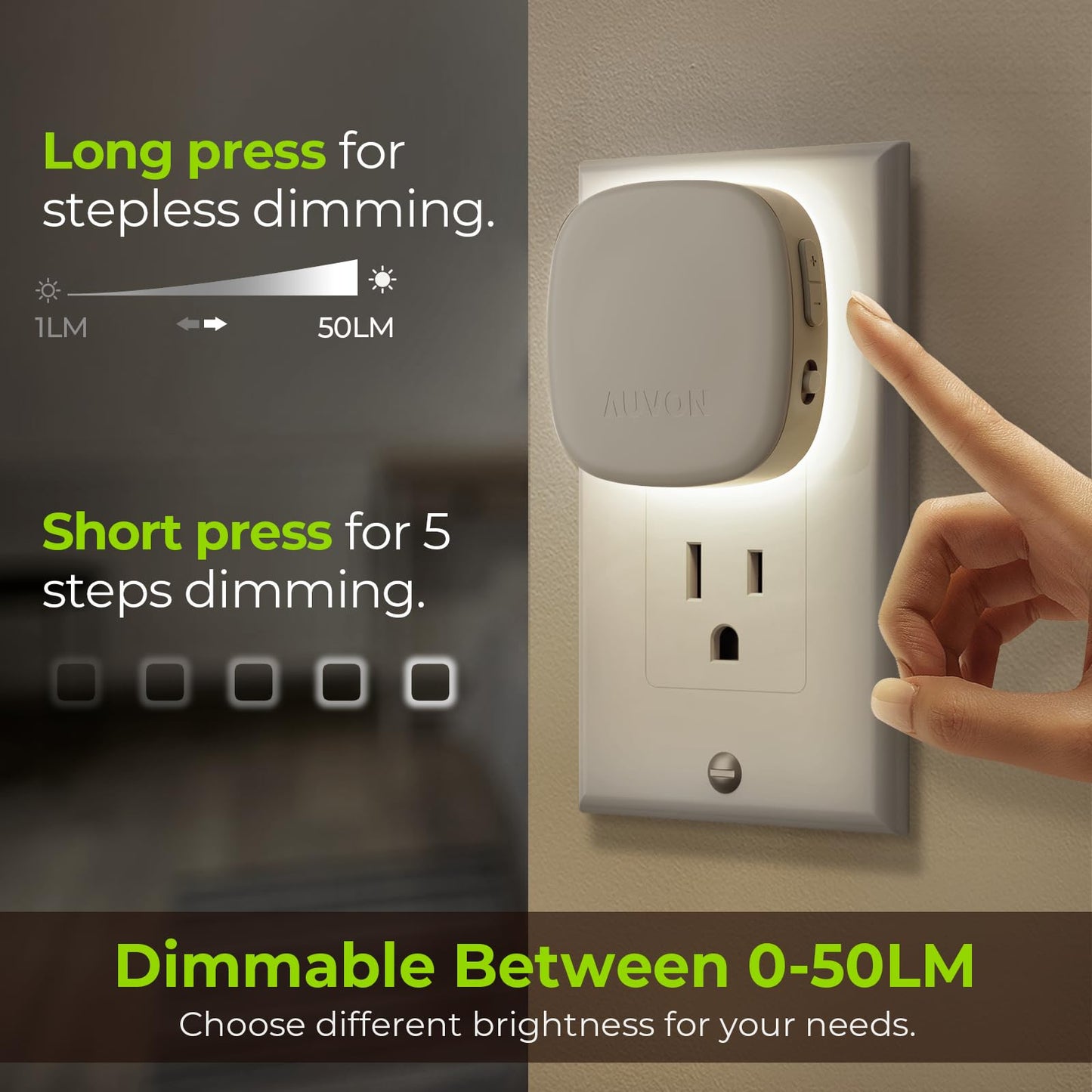 AUVON Plug-in LED Backlit Night Light with Motion Sensor & Dusk to Dawn Sensor, Dimmable Cool White Nightlight with 1-50 lm Adjustable Brightness for Bedroom, Bathroom, Stairs, Hallway (4 Pack)