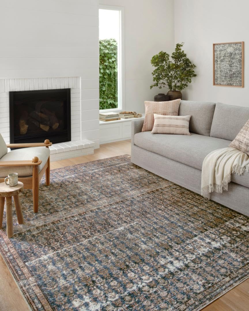 Loloi Amber Lewis Billie Collection, Ocean & Brick 7'-6" x 9'-6" Area Rug – Antique & Distressed Accent Rugs for Living Room, Bedroom, Entryway & Hallway, No Shed High Traffic Area Home Decor Rug