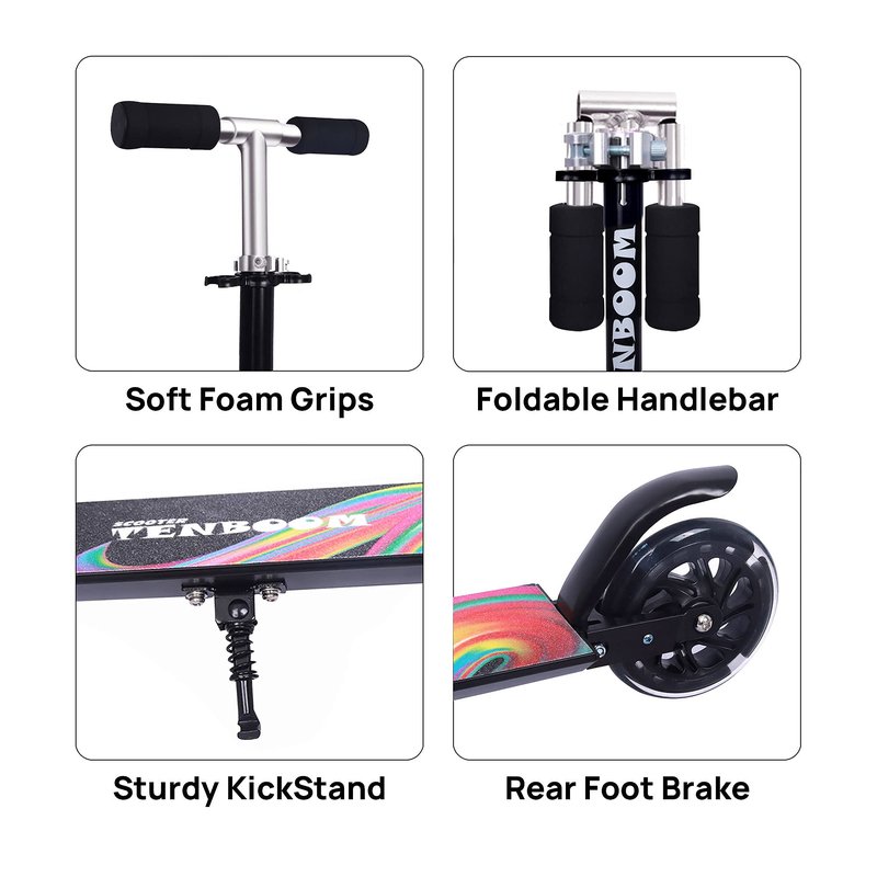 TENBOOM Scooter Toys for Kids Ages 6-12/3-5, Max Load 220 LBS, Foldable Lightweight Kick Scooter with Light Up Wheels, Kickstand, 3 Adjustable Levels, Rear Brake, Black