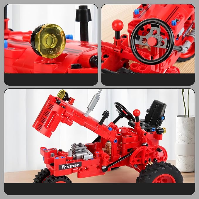 Classic 1/12 Red Tractor Building Blocks SetFarm Tractor Building Kit Toy for Kids Ages 6+STEM Educational Construction Kit for Kids 302 PCS with Shifting &amp Steering &amp Flip Hood Structure