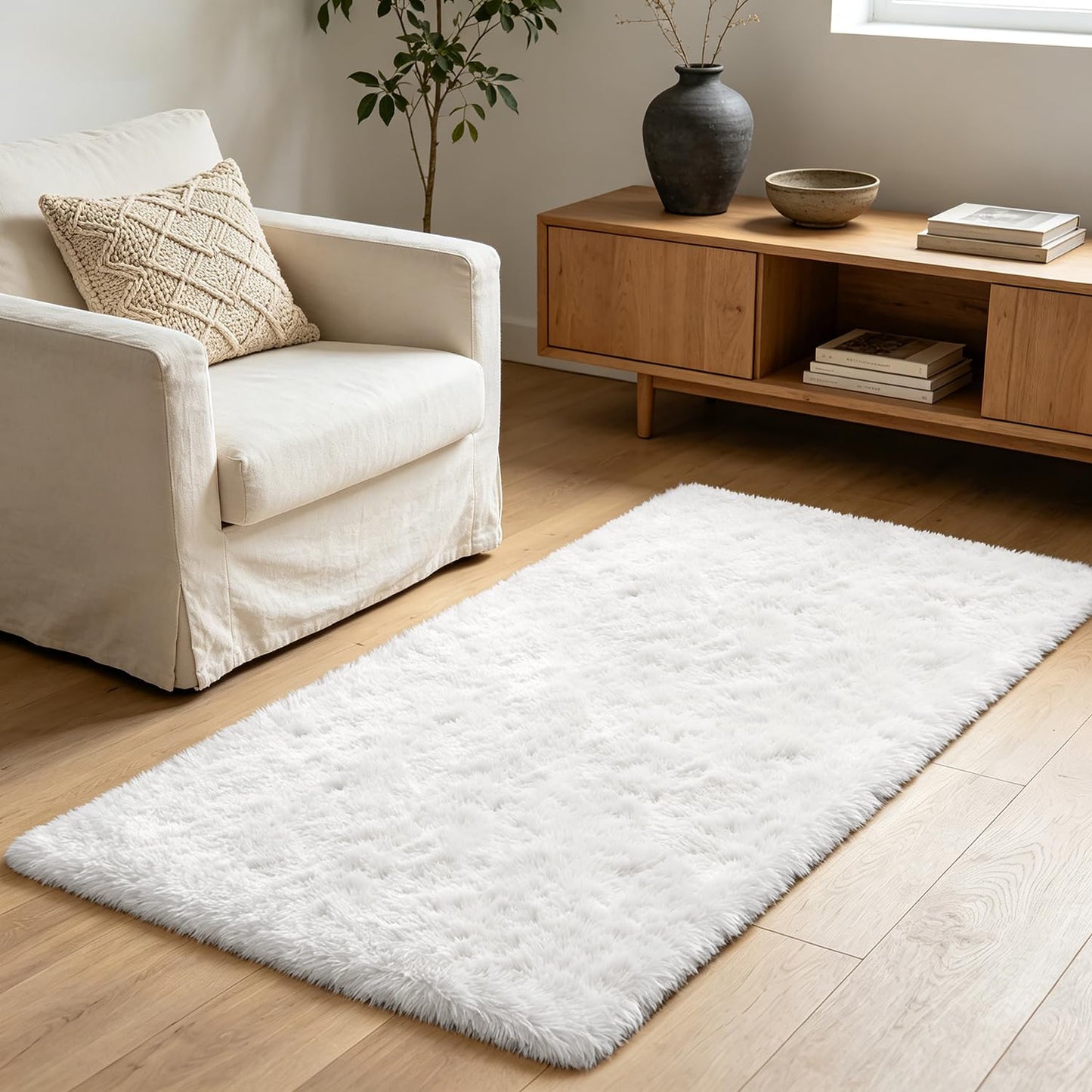 Shag Runner Rug for Bedroom Living Room 2x6 Upgrade Non-Slip Fluffy Soft Bedside Rugs,White Shaggy Carpet for Kids Girls Boys Dorm Nursery Home Decor Aesthetic