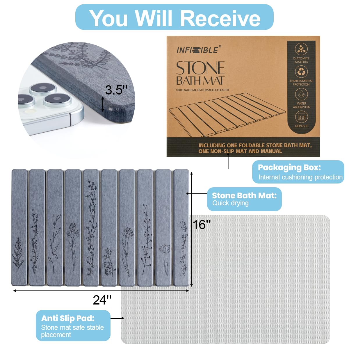 INFISIBLE Foldable Stone Bath Mat - 24x16, Super Absorbent Diatomaceous Earth Large Bath Mats for Bathroom, Quick Dry Non-Slip Stone Drying Mats for Kitchen Counter & Bathtub (Dark Gray Floral Decor)