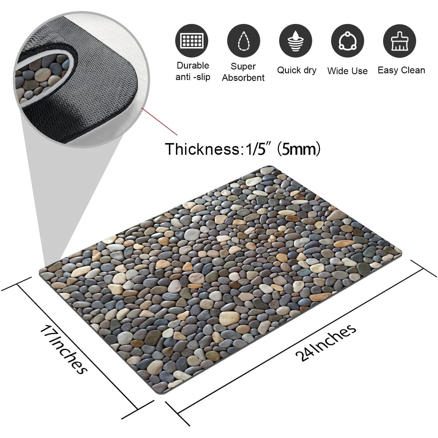 Rstick Pebble Stone Print Bathroom Rugs Non Slip Washable Cobblestone Pattern Bath Mat Small Rubber Backed Floor Mat 17"x24"