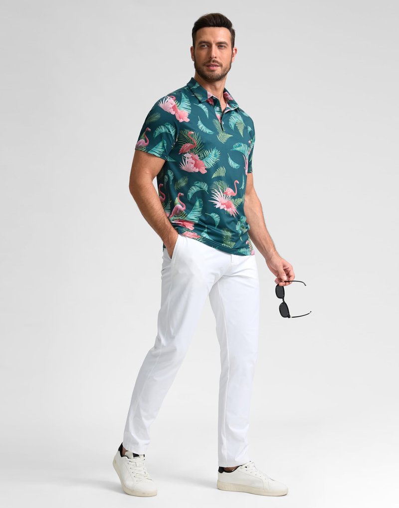 Obla Mens Golf Polo Shirts Short Sleeve Dry Fit Performance Moisture Wicking Casual Print Collared Golf Shirts for Men(Green Flamingo_S)
