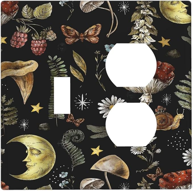 Decorative Light Switch Cover Plate Nature Plant Botanical Daisy Musrhoom Snails And Moon 2 Gang Outlet Covers 1 Toggle 1 Duplex Wall Plate Decorate Electrical Switch Plate Covers for Bathroom Home