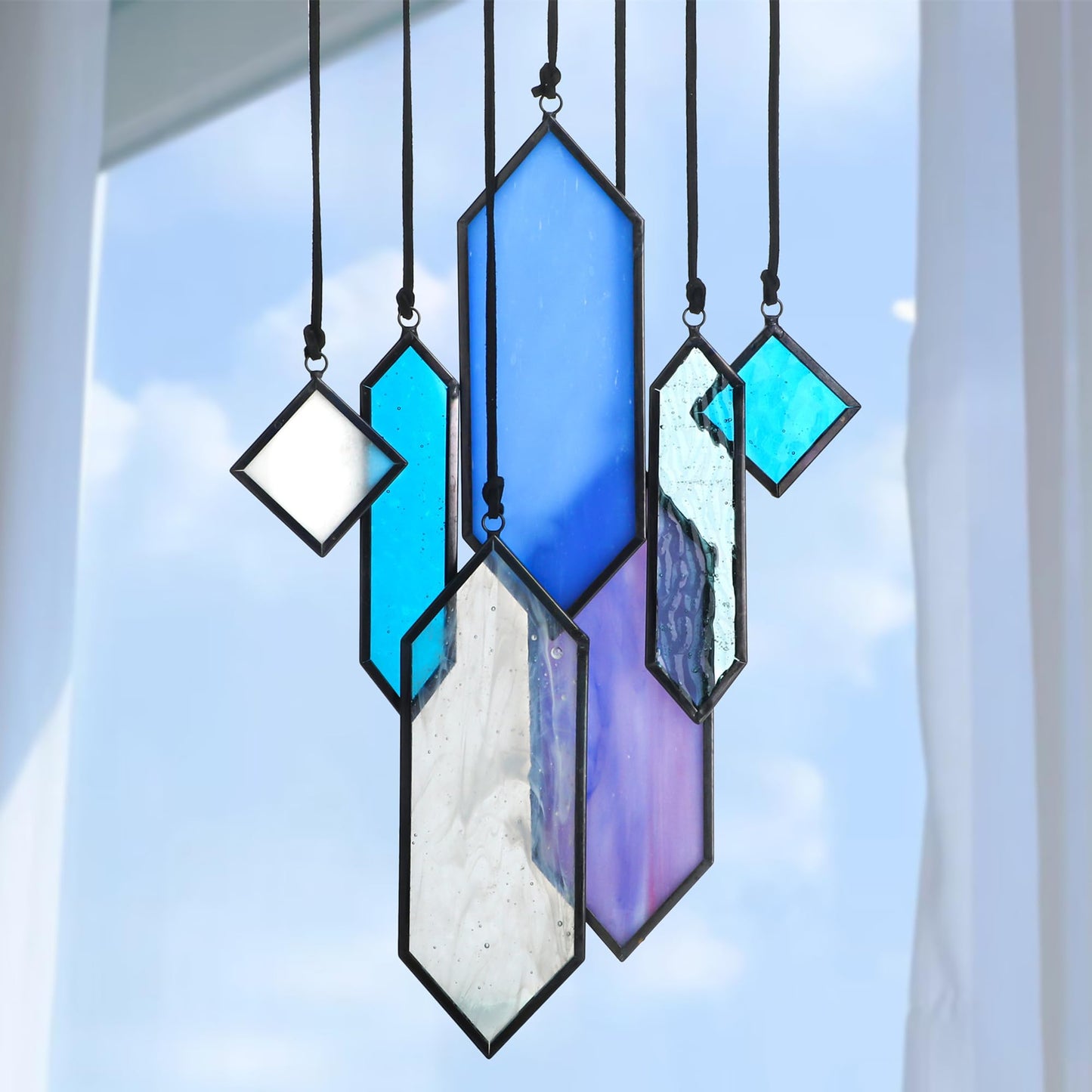 HDCRYSTALGIFTS Stained Glass Window Hanging Suncatchers - 7 Pieces Handcrafted Element Earth Tones Panel Set,Modern Blue Wall Art Sun Catchers Indoor Window Home Garden Decor