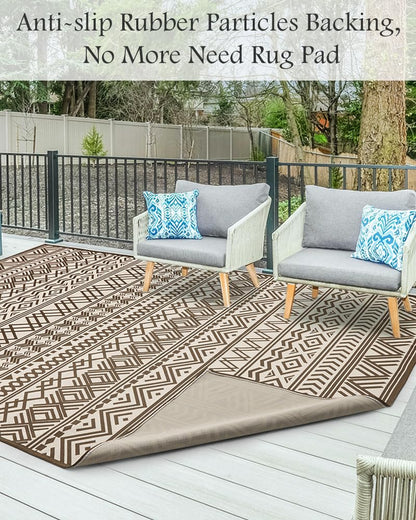 Outdoor Rug Carpet 5x8 ft, Flatweave Textured Outdoor Patio Rug Non Slip Indoor Outdoor Rugs with Rubber Particles Backing Boho Outdoor Area Rug for Patio Deck Front Porch Backyard Balcony, Brown