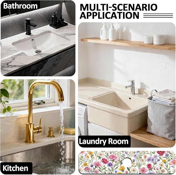 2 Pcs Kitchen Sink Splash Guard Faucet Mats Colorful Watercolor Flowers and