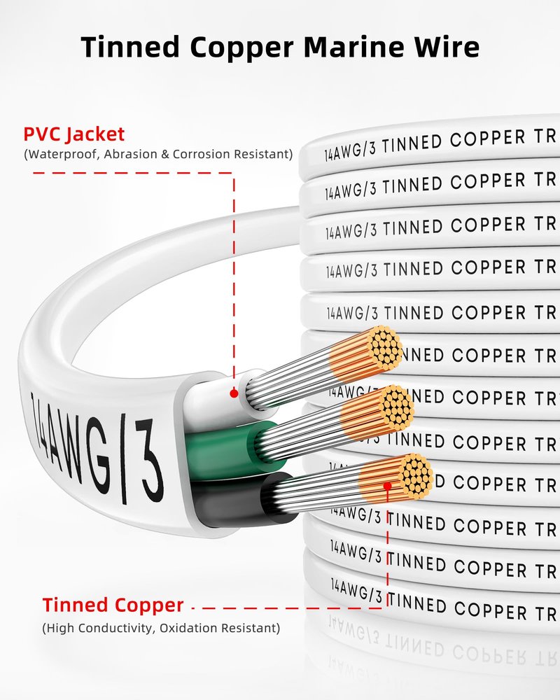 NAOEVO 14 Gauge Marine Wire, 14/3 Triplex Marine Electrical Cable, Waterproof/Insulated PVC/Oxygen-Free Tinned Copper 14 AWG Wire for Boat, Automotive, RV, Solar, LED, Trolling Motor (100FT)