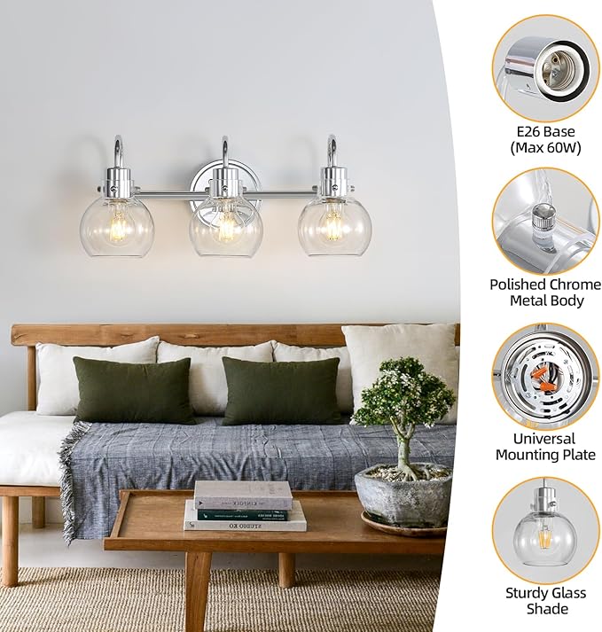 Bathroom Light Fixtures Polished Chrome 3 Light Vanity Light Wall Sconces Lighting with Clear Globe Glass Shades Bath Wall Mount Lamp for Mirror Kitchen Porch Living Room Bedroom Hallway(E26)