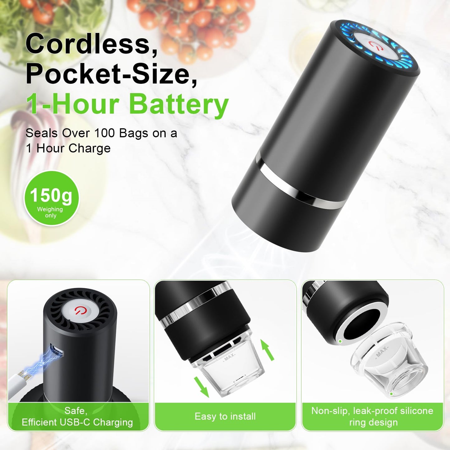 Handheld Vacuum Sealer for Food,Mason Jar Vacuum Sealer + 4Wine Vacuum Stopper +10 Reusable Vacuum Bags,Mini Small Vacuum Sealer Bags for Home,Kitchen,Travel,Fridge Meal Prep,Camping - Black