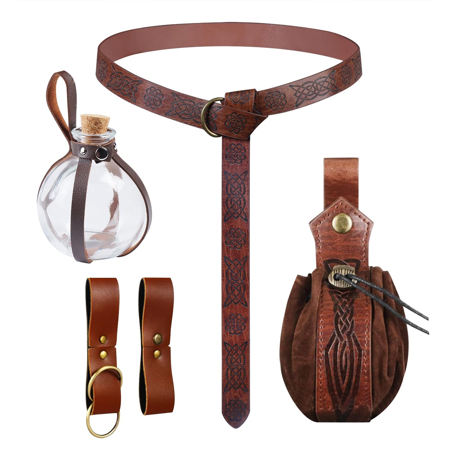 JBKN Women Renaissance Accessories Medieval Viking Belt Potion Bottles Belt Bag Leather Skirt Hikes for Halloween Festival Cosplay