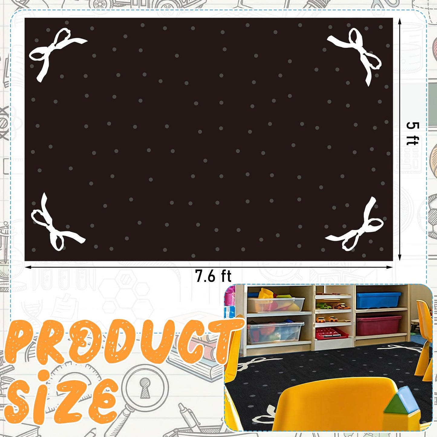 Nuanchu Calming Corner Classroom Rug Black Bow Kids Playroom Rug Educational Soft Carpets 5 X7 ft Large Washable Classroom Mat with Rubber Backing for Bedroom Nursery Homeschool Elementary