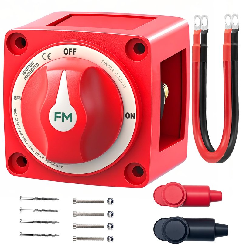 FASTSTORM 300A Waterproof Battery Disconnect Switch 12V-48V, On/Off Kill Switch for Marine, RV, Car, Boat, Truck, ATV, UTV, Ignition Protected with Cable