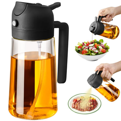Olive Oil Sprayer for Cooking, 470ml 2 In 1 Glass Oil Dispenser/Pour Bottle, Kitchen Accessories, Kitchen Gadgets for Air Fryer, Salad, BBQ (Black)