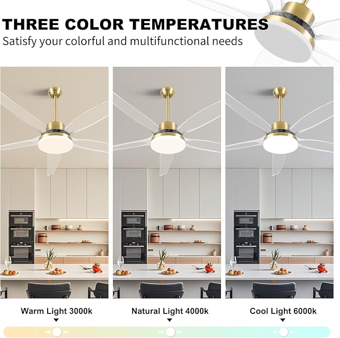 OKELI Clear Ceiling Fan with Light, 58 Inch Gold Transparent Ceiling Fans with Light and Remote 3 Reversible Blade LED Ceiling Fan and Light Combo for Living Room, Bedroom, Patio