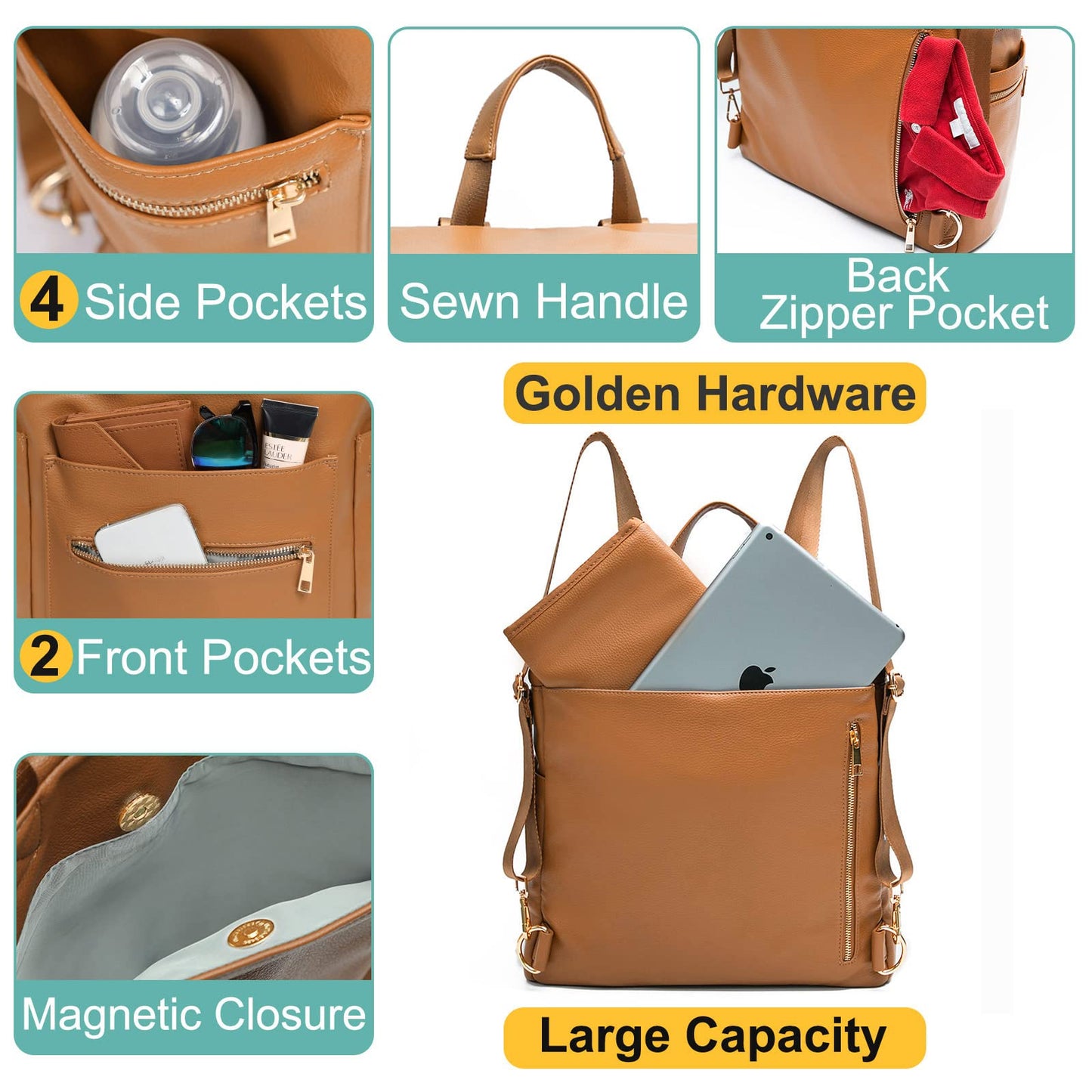 Diaper bag, Leather Diaper Bag Backpack by MF Store, Diaper Backpack with Laptop Sleeve,Changing Pad,Wipes Pouch,Stroller Straps and Insulated Pockets
