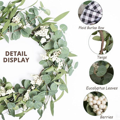 Artificial Eucalyptus Wreath for Front Door|20" Green Leaf Wreath for Window Home Porch Farmhouse Patio and Garden Indoor Outdoor Decor with Bow for Spring Summer Fall Winter
